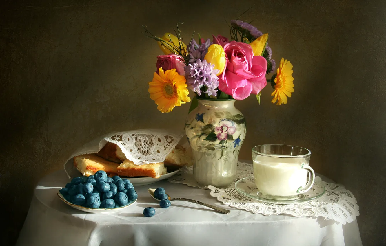 Photo wallpaper flowers, rose, Tulip, bouquet, texture, milk, vase, still life