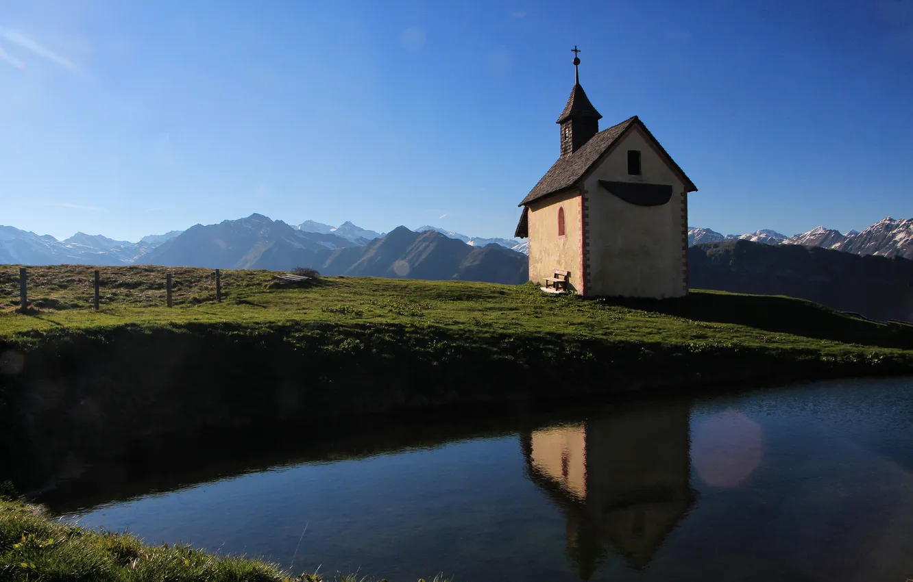 Photo wallpaper water, mountains, reflection, Italy, chapel, Italy, Bolzano, South Tyrol