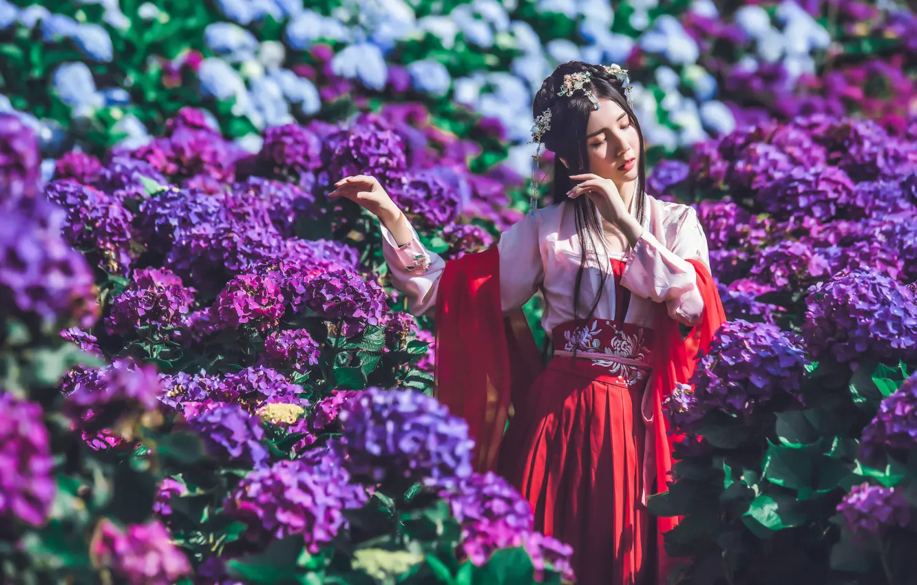 Photo wallpaper girl, flowers, pose, style, mood, garden, dress, outfit