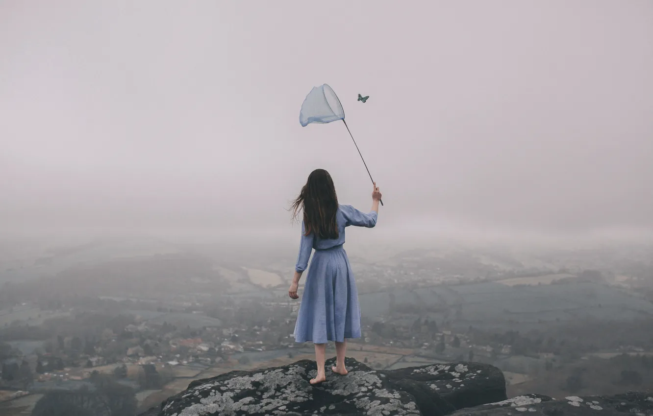 Photo wallpaper girl, fog, butterfly