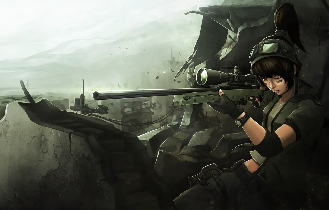 Photo wallpaper girl, soldiers, ruins, sniper, art