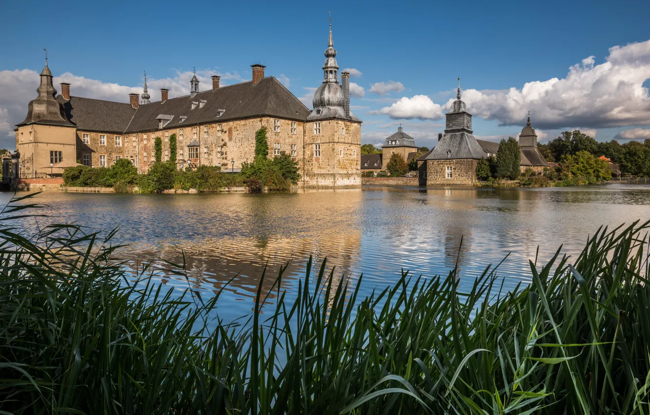 Photo wallpaper the sky, clouds, trees, pond, the reeds, castle, Germany, Sunny