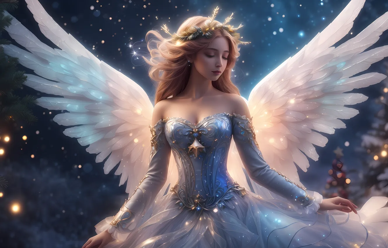 Photo wallpaper AI art, wings, fantasy, winter, angel, girl, neural network