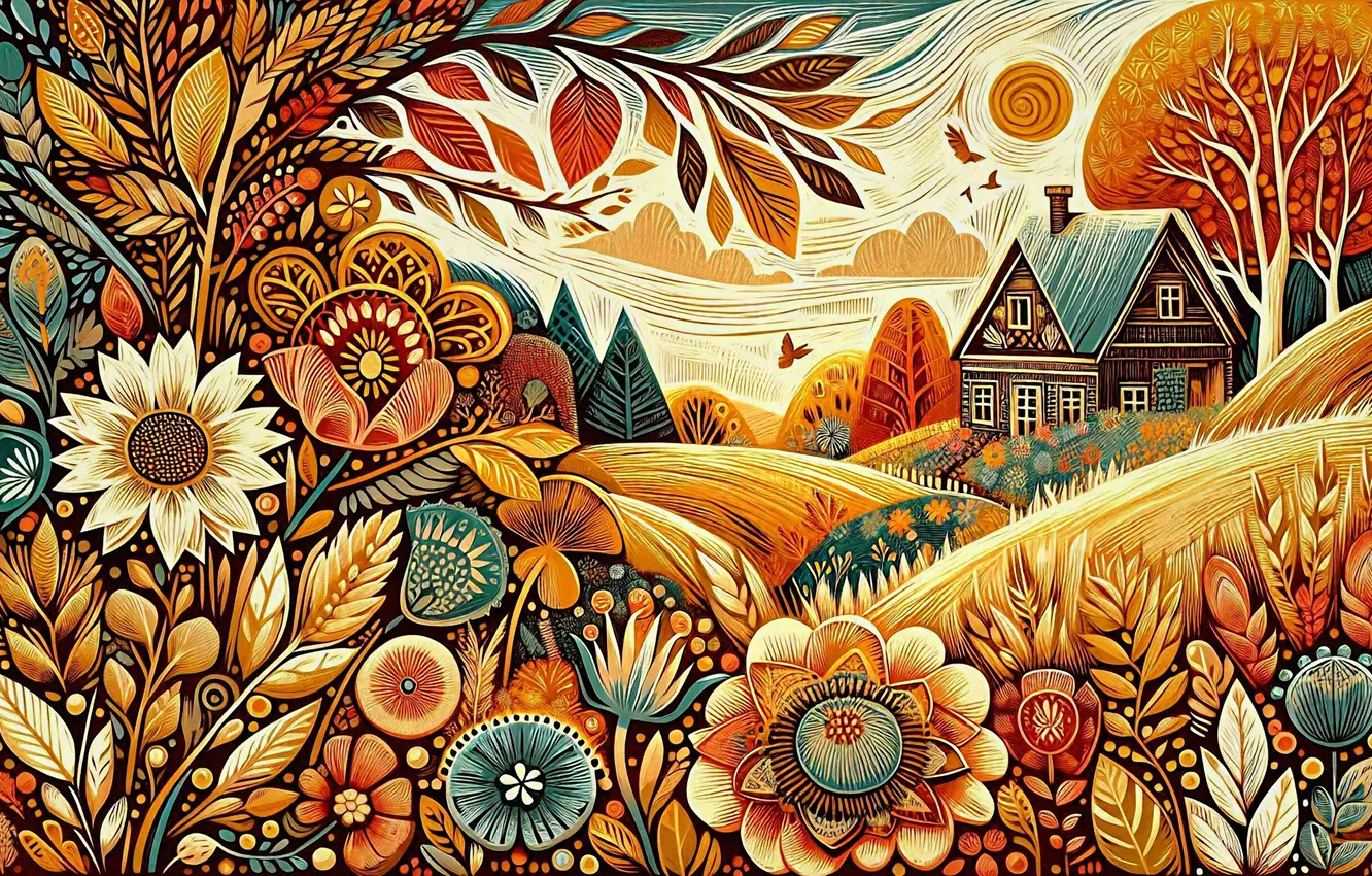 Photo wallpaper field, autumn, the sun, clouds, trees, flowers, hills, pattern