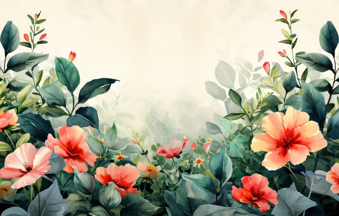 Photo wallpaper leaves, flowers, red, frame, watercolor, composition, imitation, imitation painting
