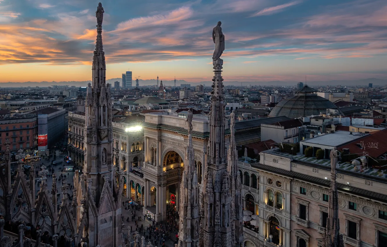 Photo wallpaper the sky, clouds, sunset, lights, people, building, home, the evening