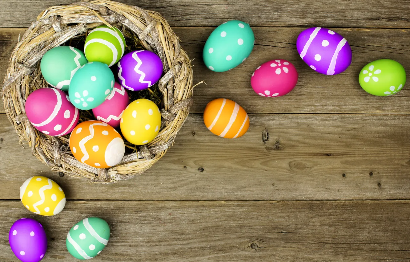 Photo wallpaper basket, colorful, Easter, wood, spring, Easter, eggs, holiday
