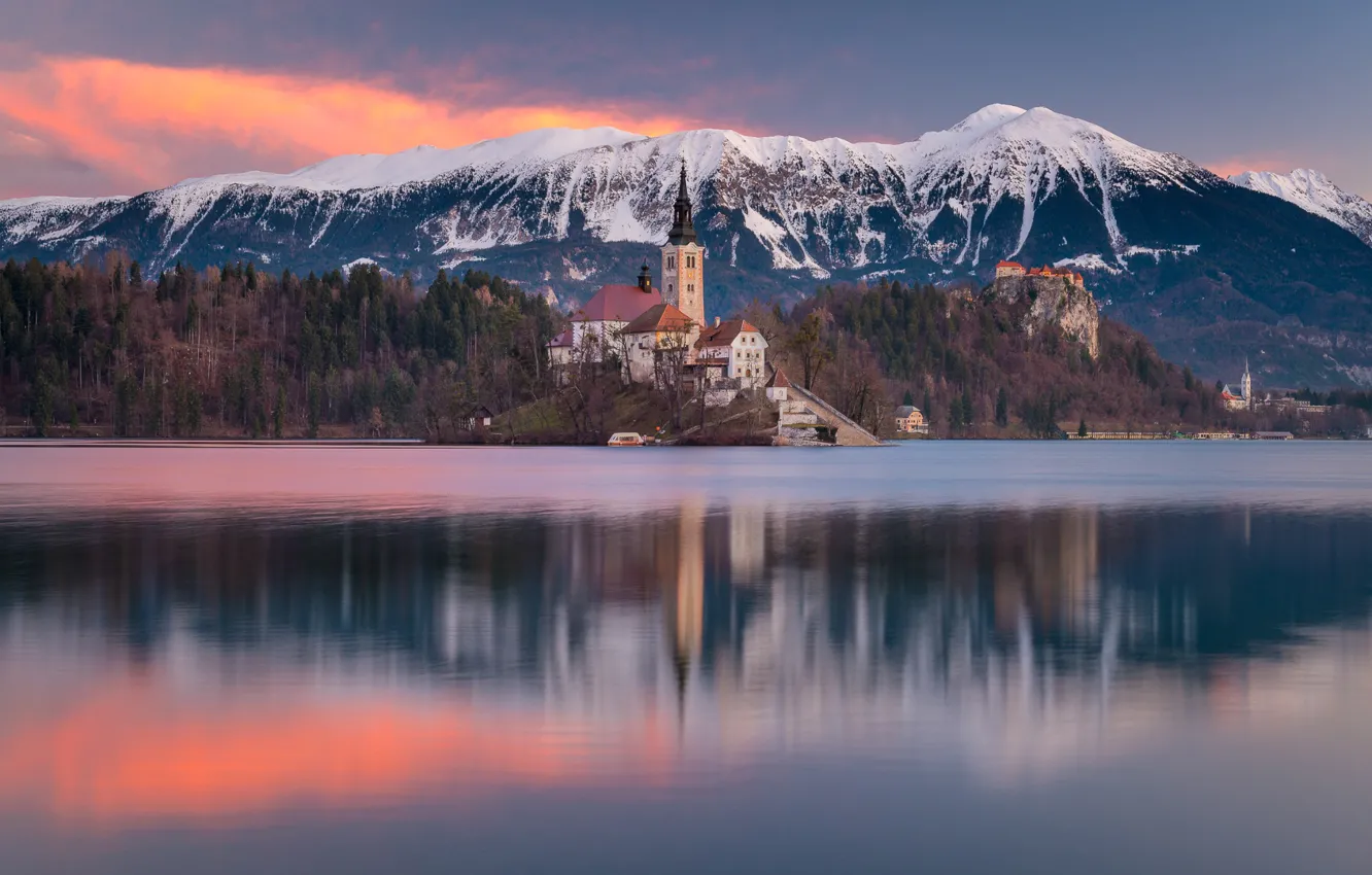 Photo wallpaper sunset, mountains, lake, reflection, Church, Slovenia, Lake Bled, Slovenia