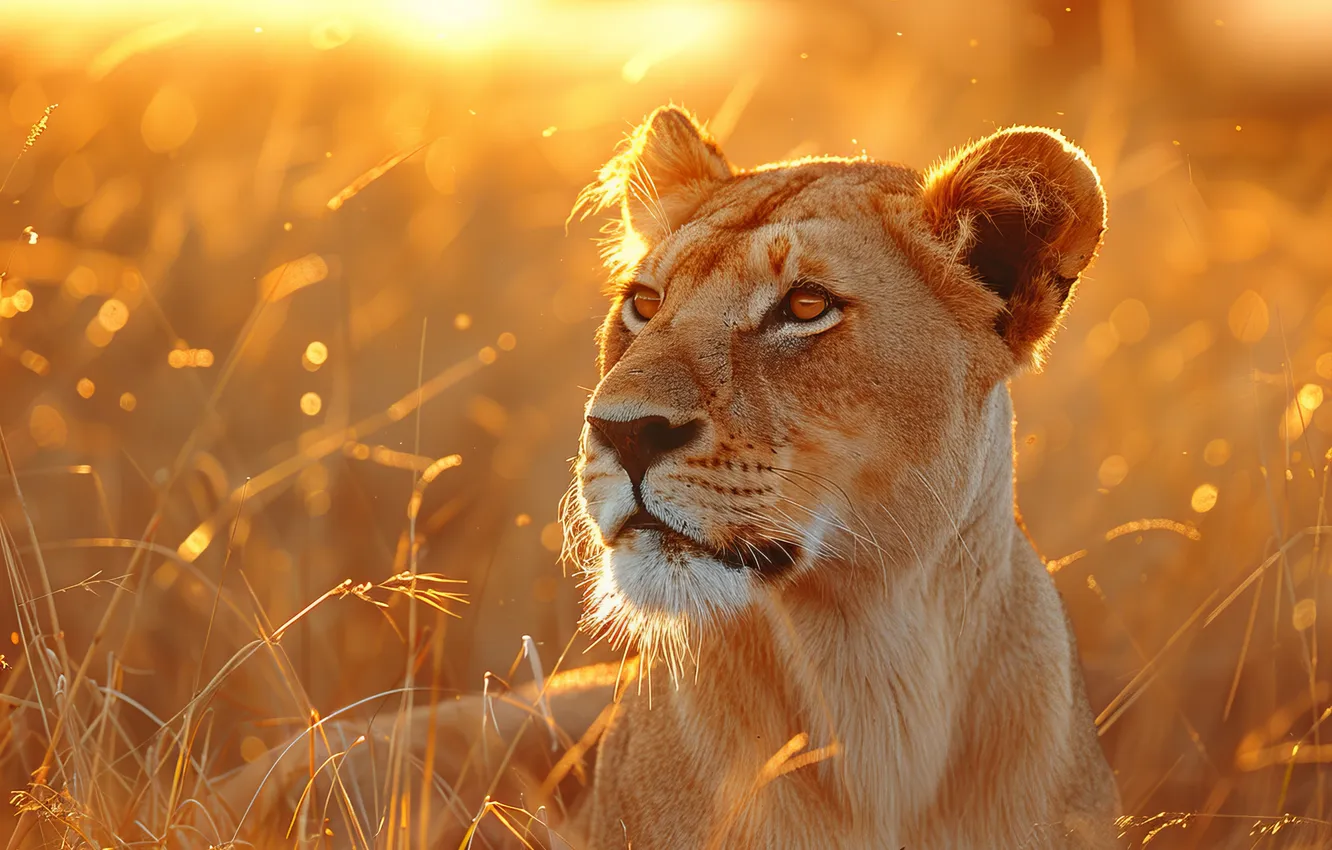 Photo wallpaper The sun, Grass, Lioness, Dawn, Face, Savannah, Digital art, Big cat