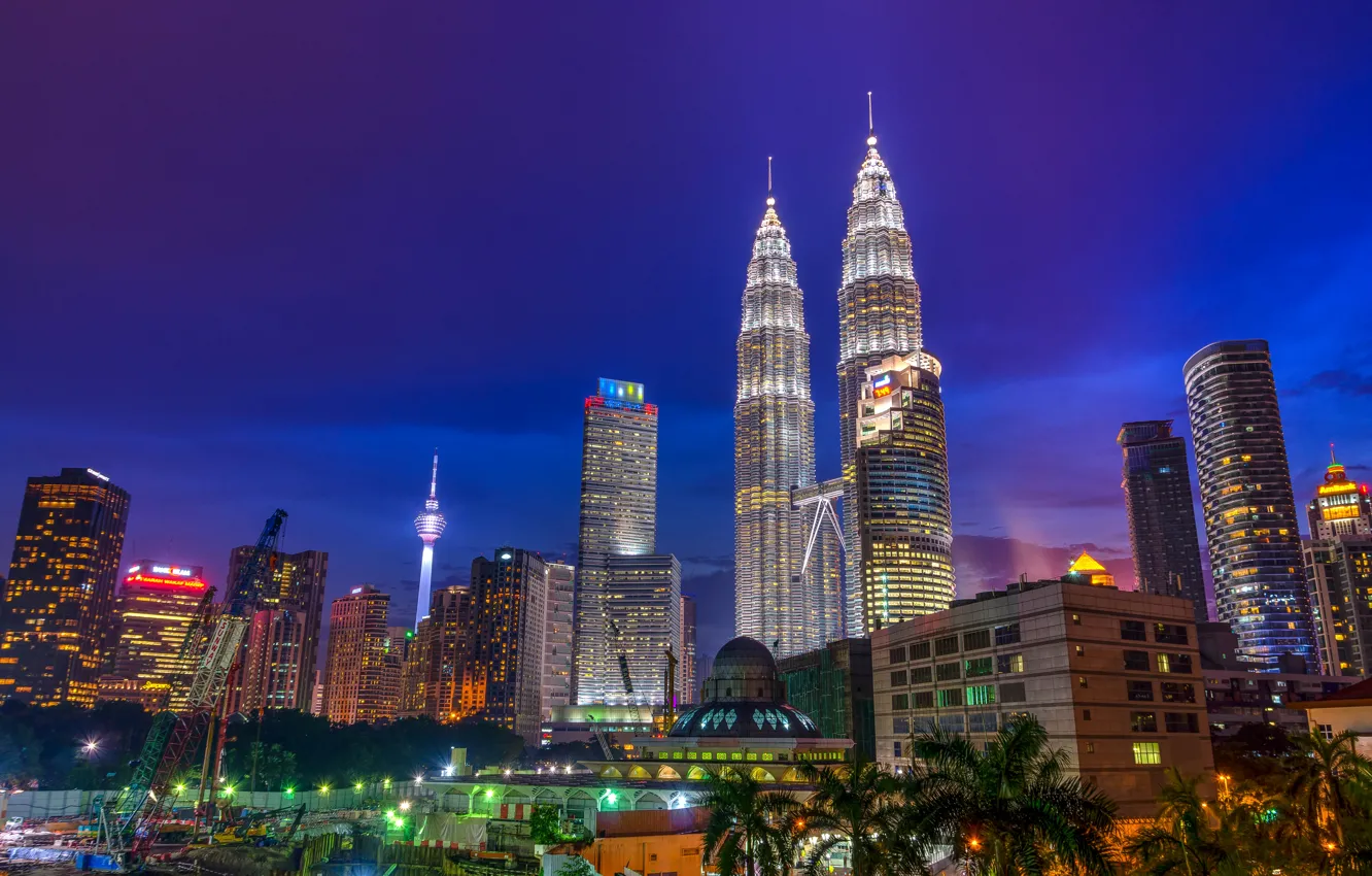 Photo wallpaper night, skyscrapers, megapolis, Malaysia, Kuala Lumpur
