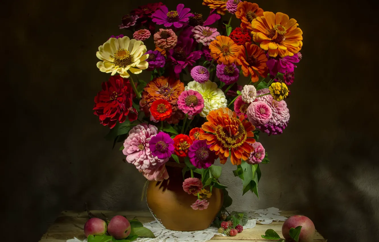 Photo wallpaper flowers, orange, table, bright, apples, pot, pink, still life