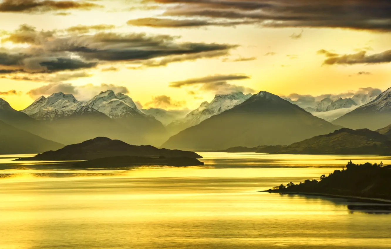 Photo wallpaper the sky, clouds, trees, mountains, lake, HDR
