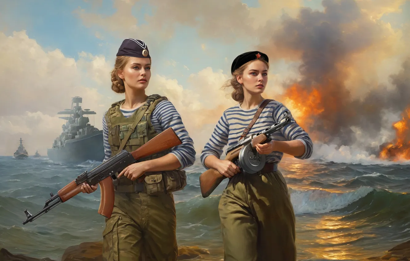 Photo wallpaper girl, ship, art, soldiers, USSR, Russia, two, March 8