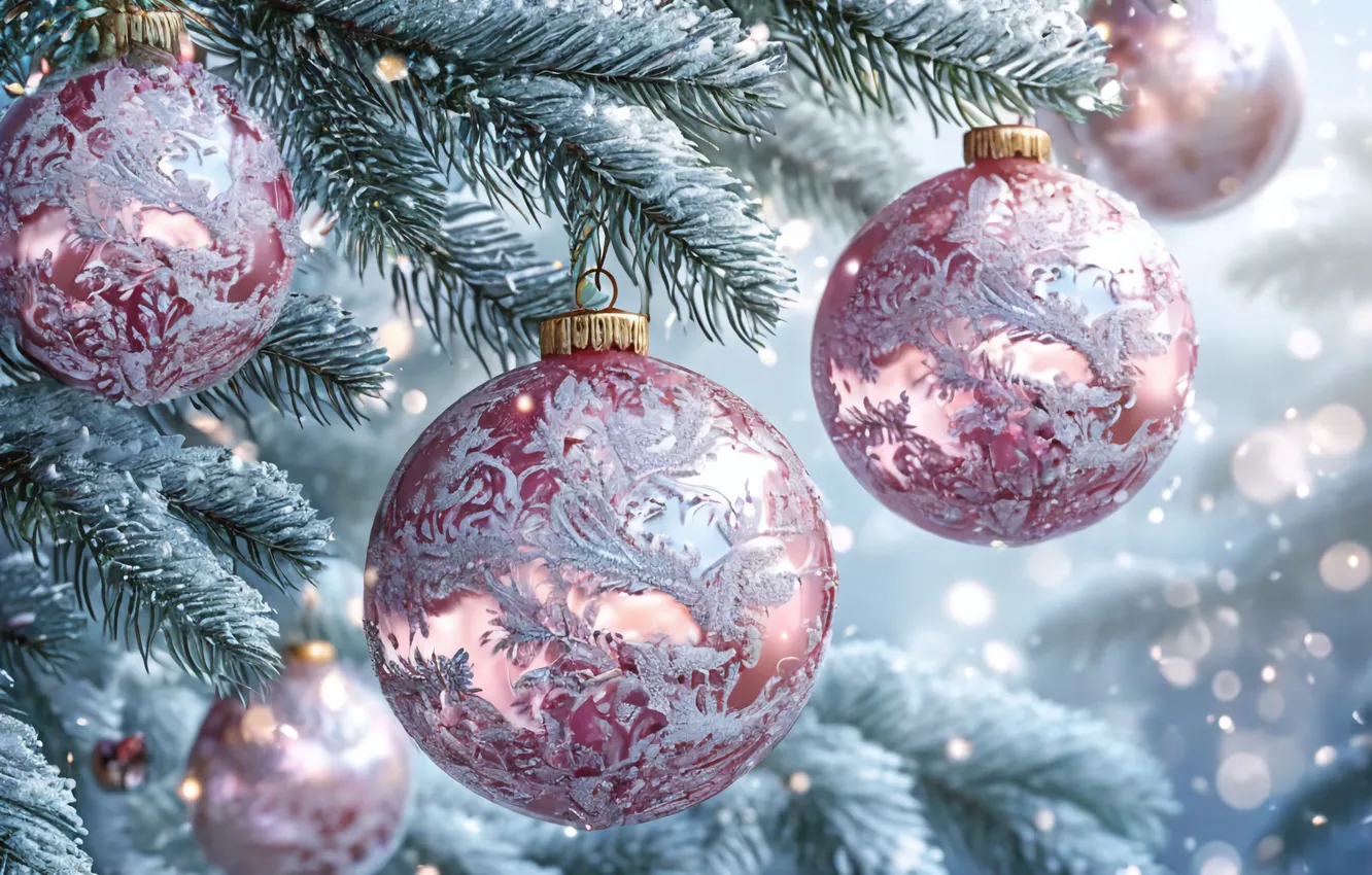 Photo wallpaper snow, new year, pink, Christmas decorations