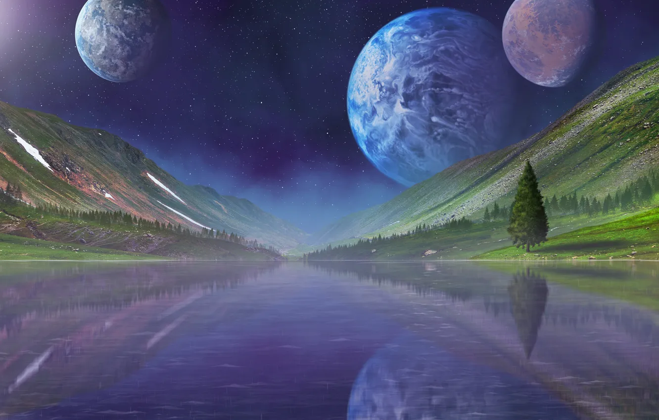 Photo wallpaper forest, the sky, water, space, stars, mountains, night, fog