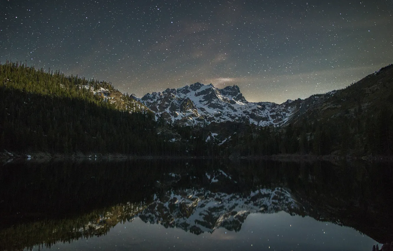 Photo wallpaper winter, the sky, stars, snow, trees, mountains, night, nature