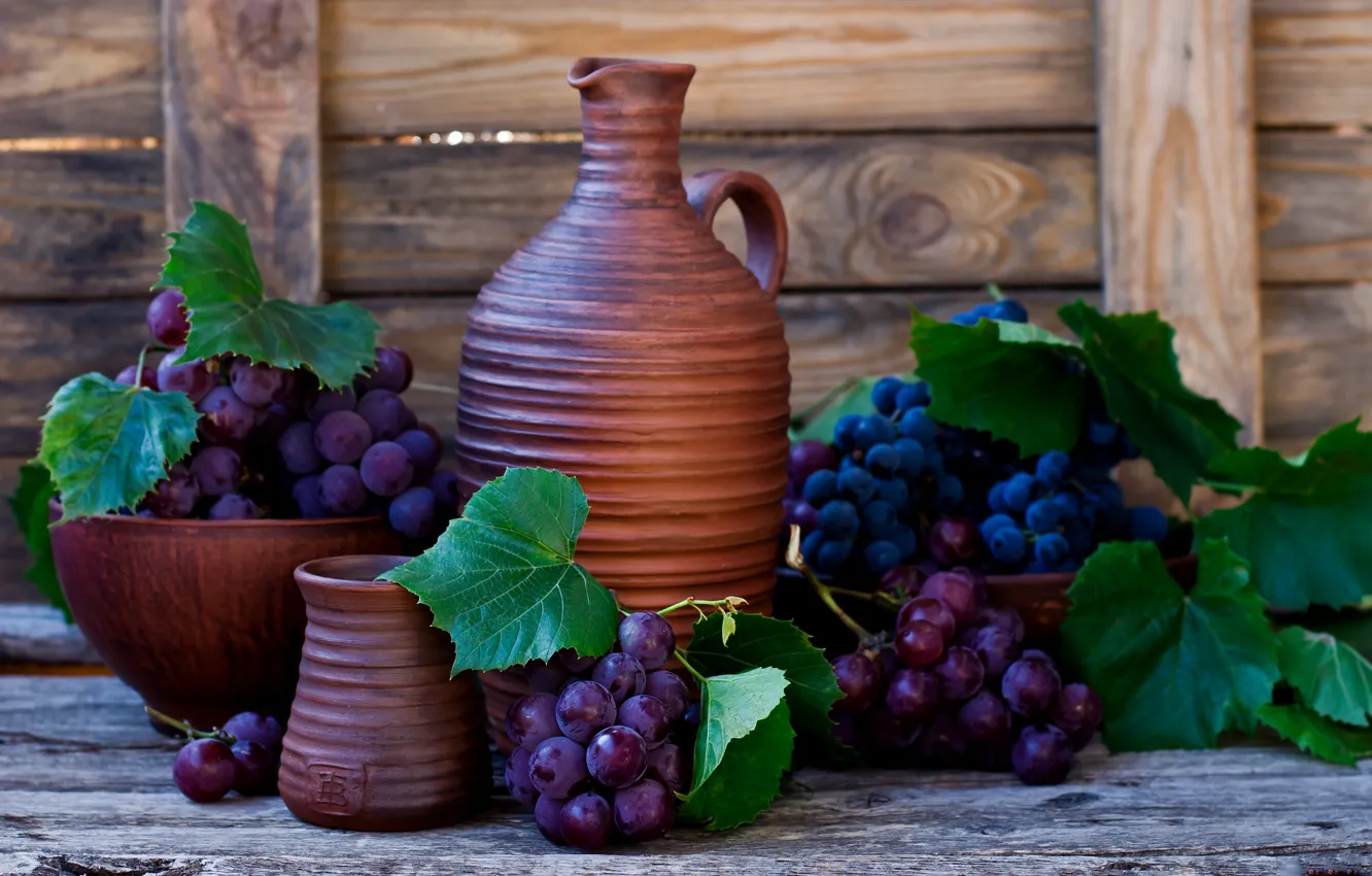 Photo wallpaper leaves, berries, wall, wine, Board, grapes, pitcher, bunches