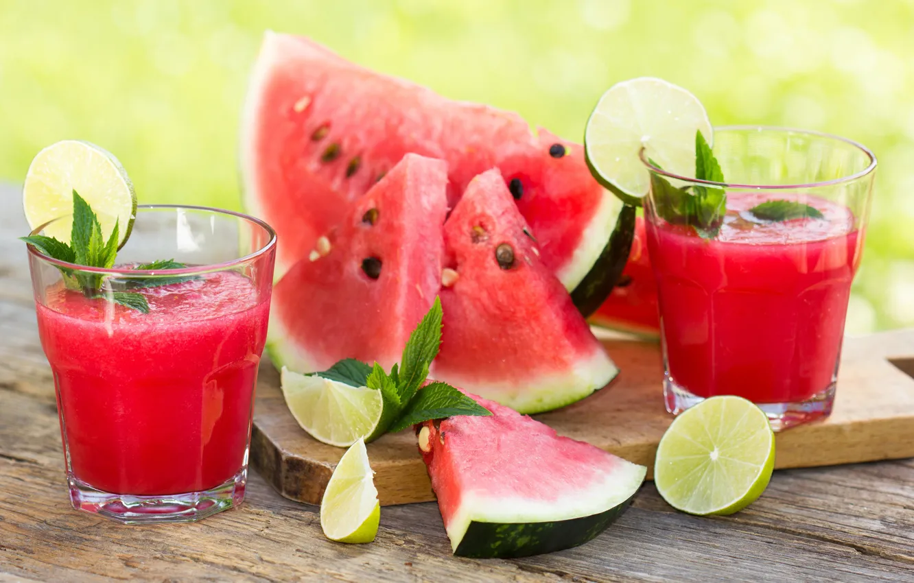 Photo wallpaper leaves, glass, table, Board, watermelon, juice, lime, slices