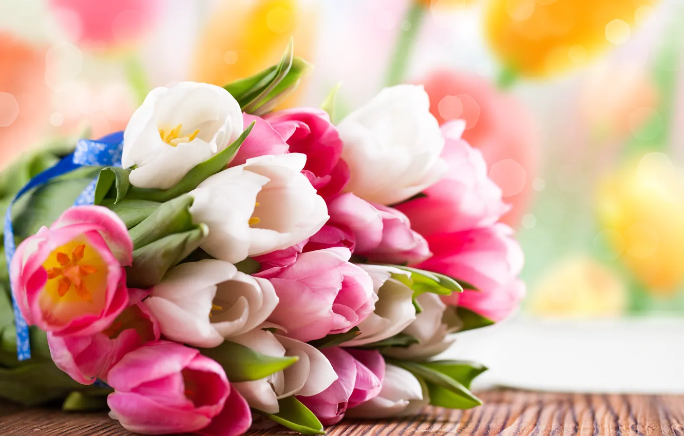Photo wallpaper flowers, bouquet, spring, tulips, pink, white