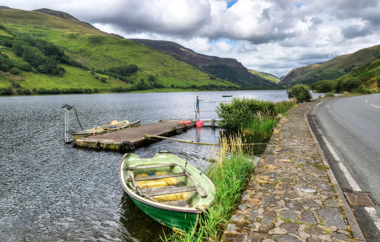 Photo wallpaper road, mountains, lake, boat, pier, UK, Wales, Snowdonia National Park