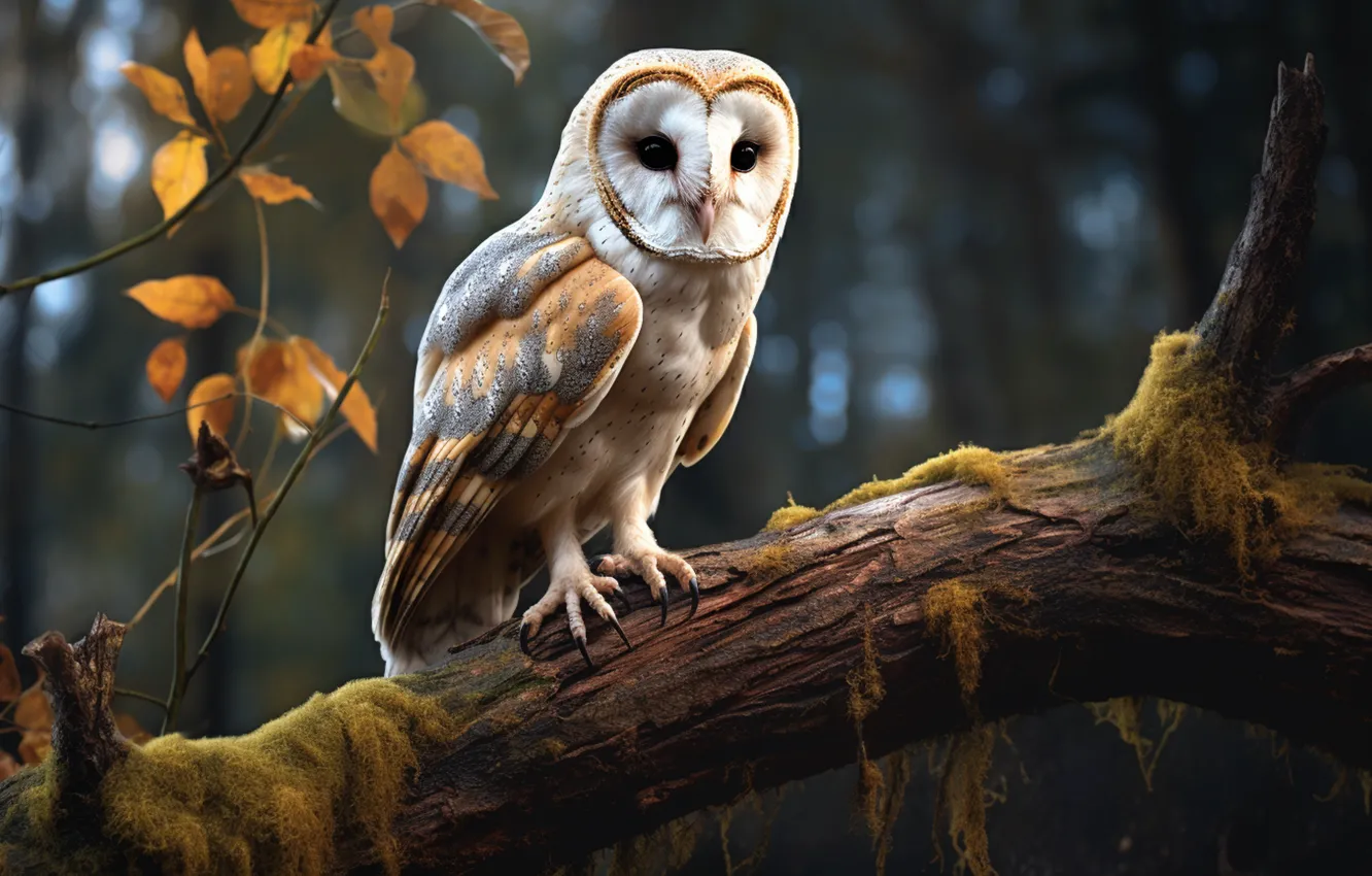 Photo wallpaper autumn, look, trees, branches, nature, owl, bird, foliage
