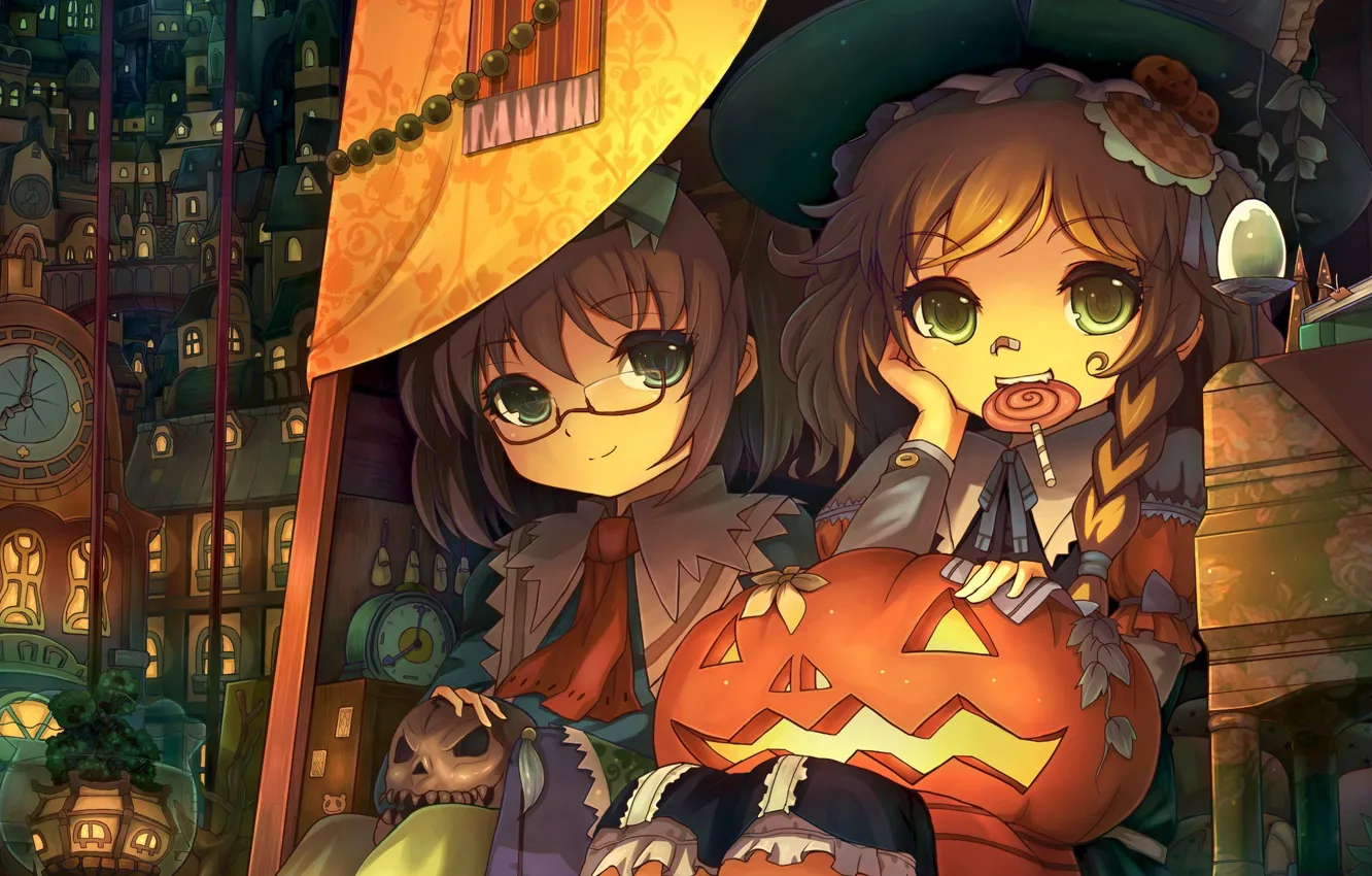 Photo wallpaper the city, girls, skull, hat, art, glasses, Halloween, pumpkin