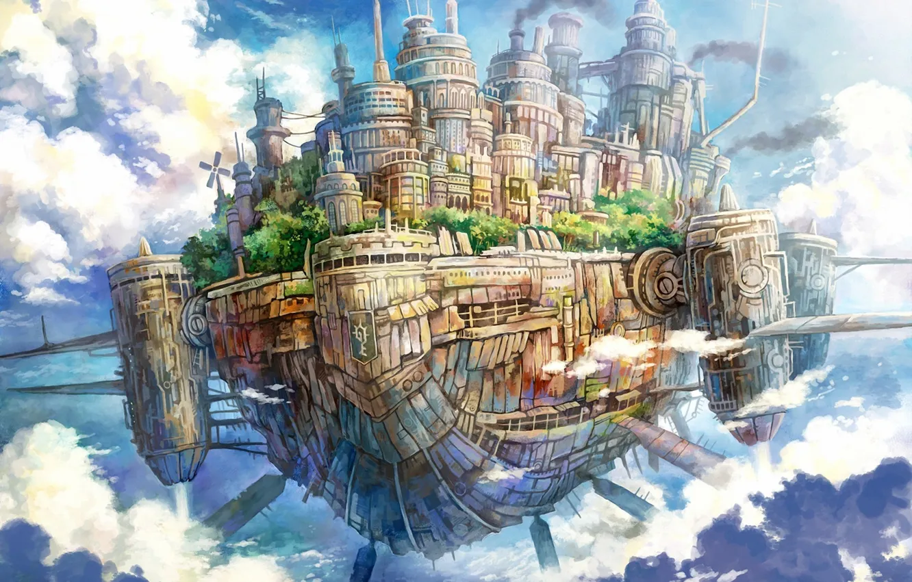 Photo wallpaper clouds, flight, the city, ship, art, pipe, in the sky, kemi neko