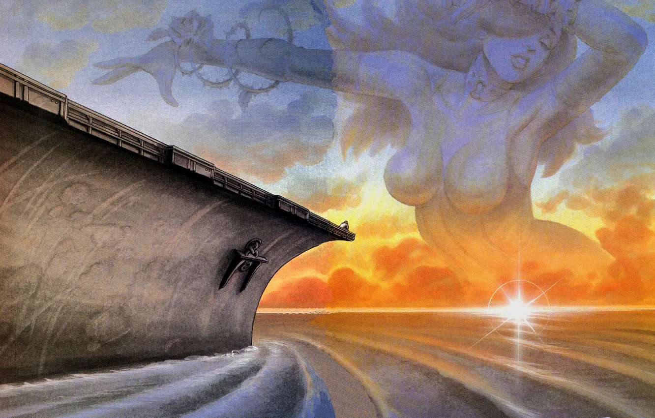 Photo wallpaper sea, wave, girl, the sun, clouds, sunset, dawn, ship