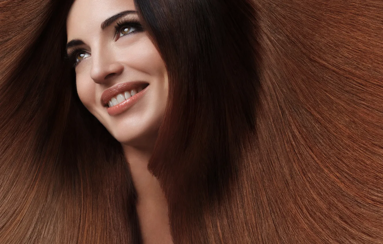 Photo wallpaper look, girl, smile, brown hair, brown-eyed