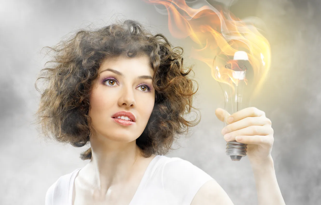 Photo wallpaper look, girl, lights, fog, creative, lamp, makeup, brown hair