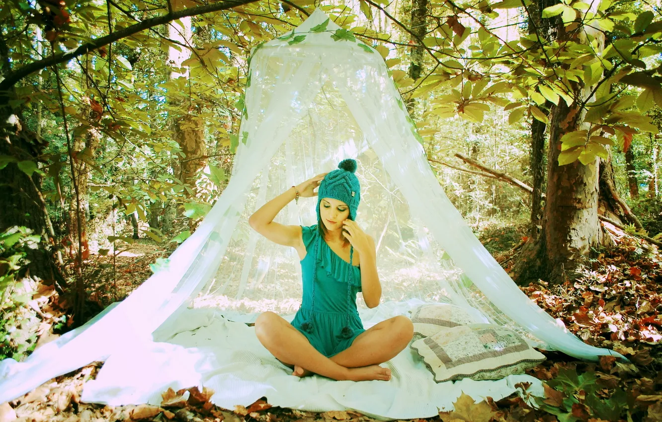 Photo wallpaper forest, summer, girl, stay