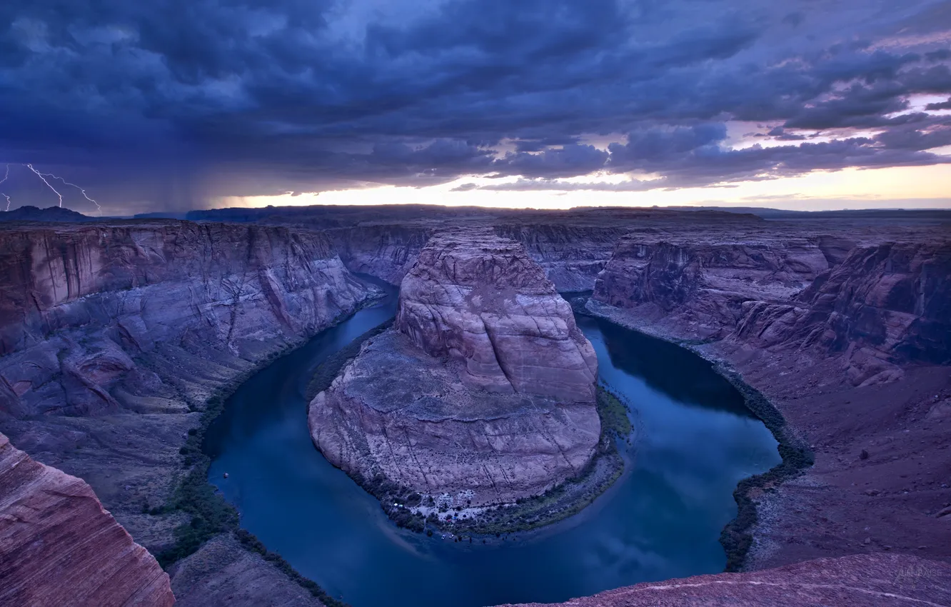 Photo wallpaper the storm, the sky, mountains, clouds, river, lightning, canyon