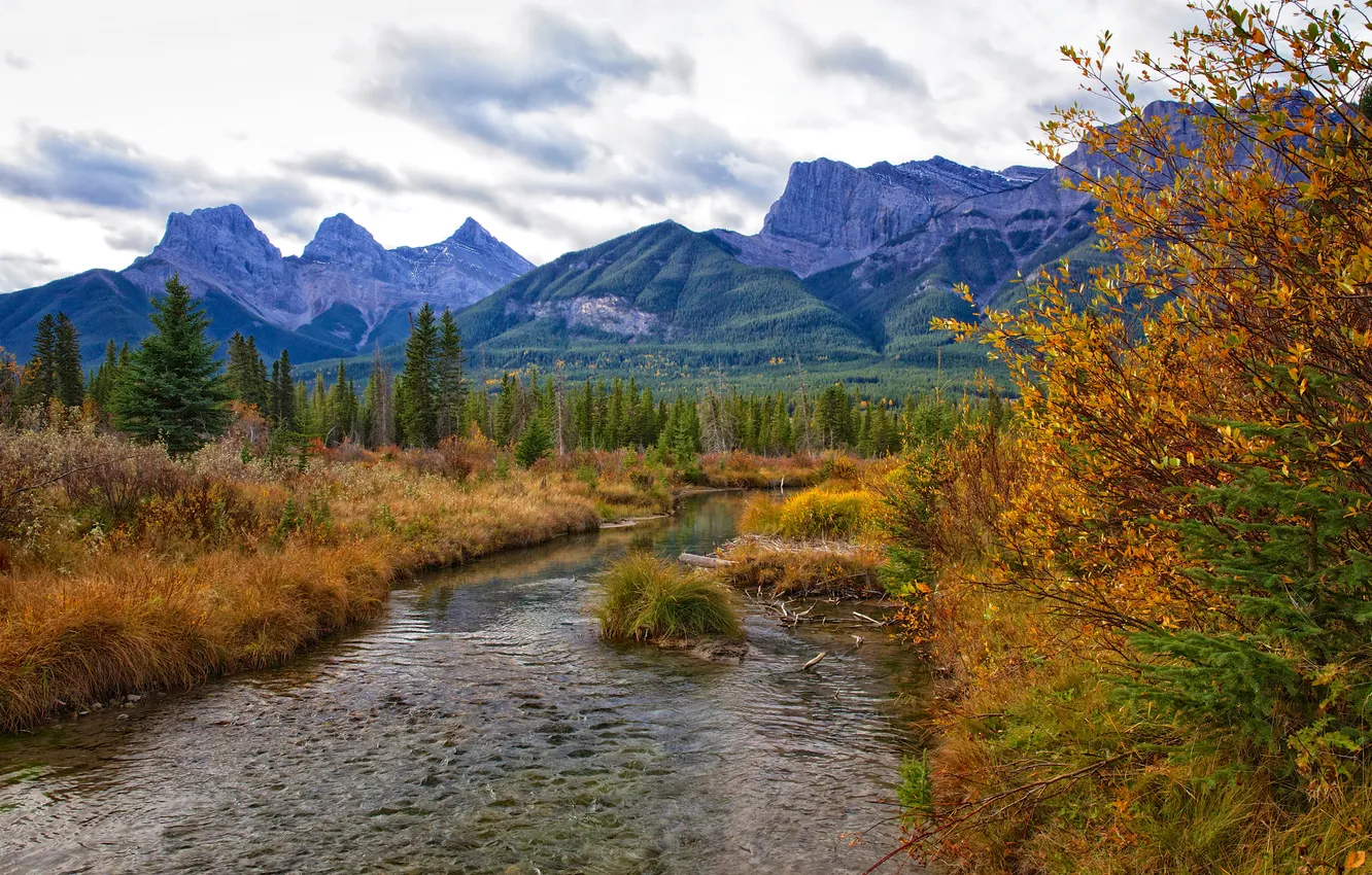 Photo wallpaper autumn, clouds, trees, mountains, river