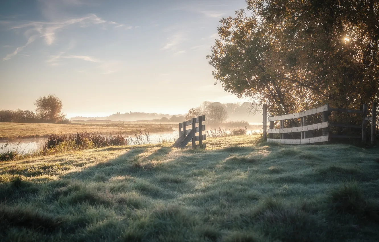 Photo wallpaper landscape, fog, river, morning