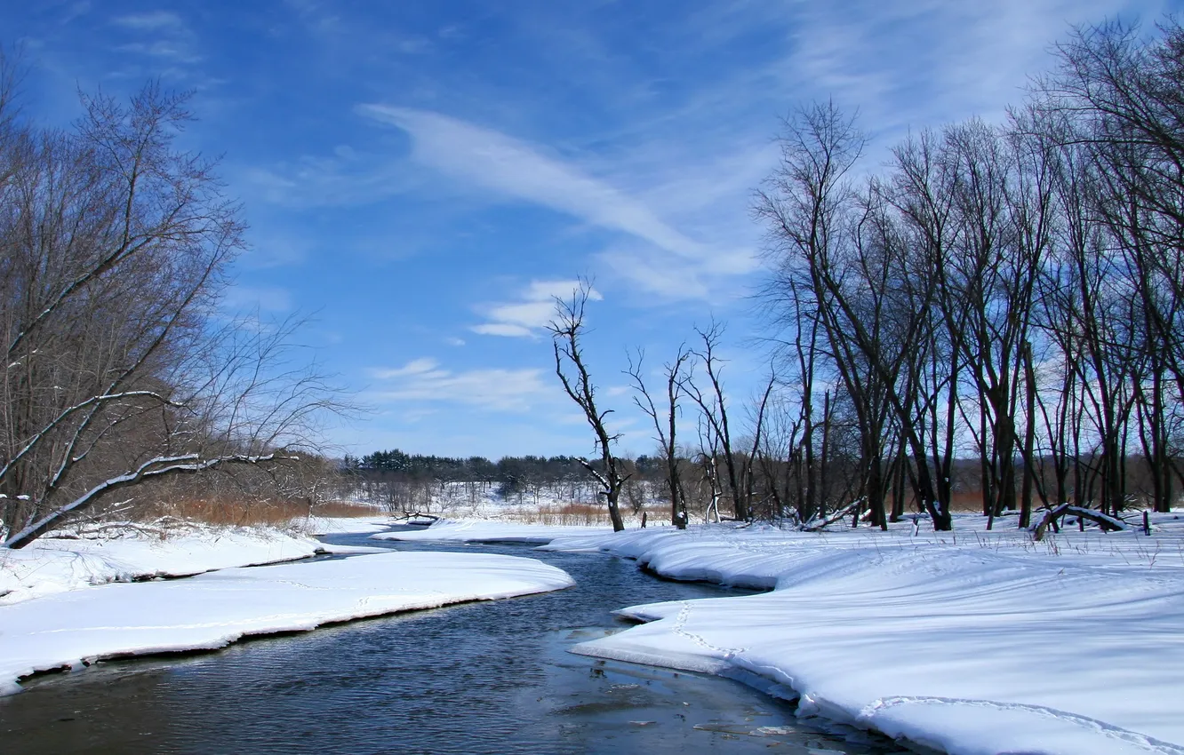 Photo wallpaper snow, nature, river, spring