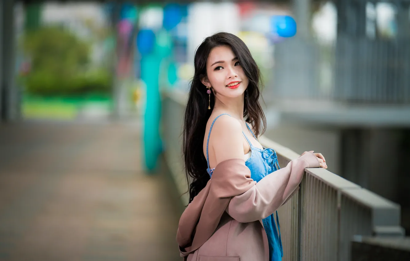 Photo wallpaper girl, pose, Asian, cloak, cutie, bokeh