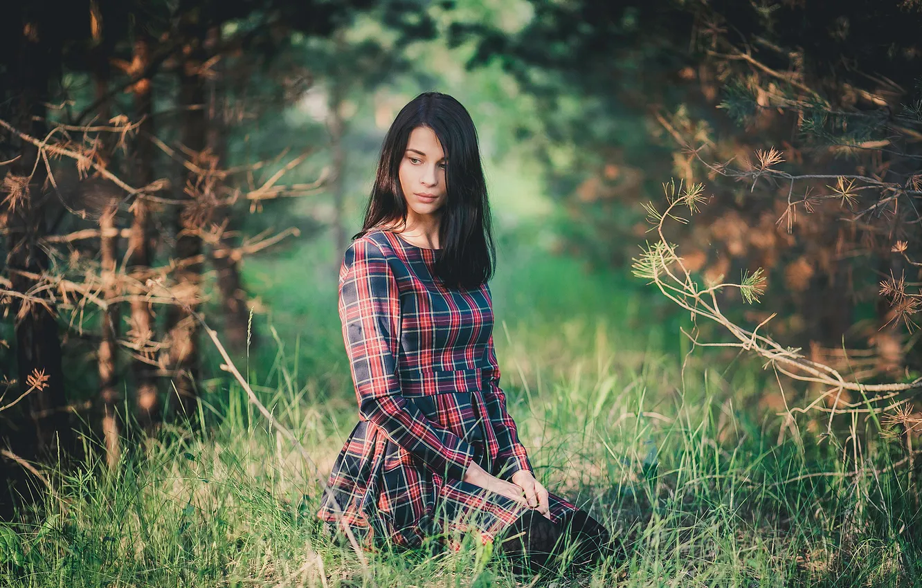 Photo wallpaper FOREST, GRASS, GREENS, DRESS, BRUNETTE, POSE