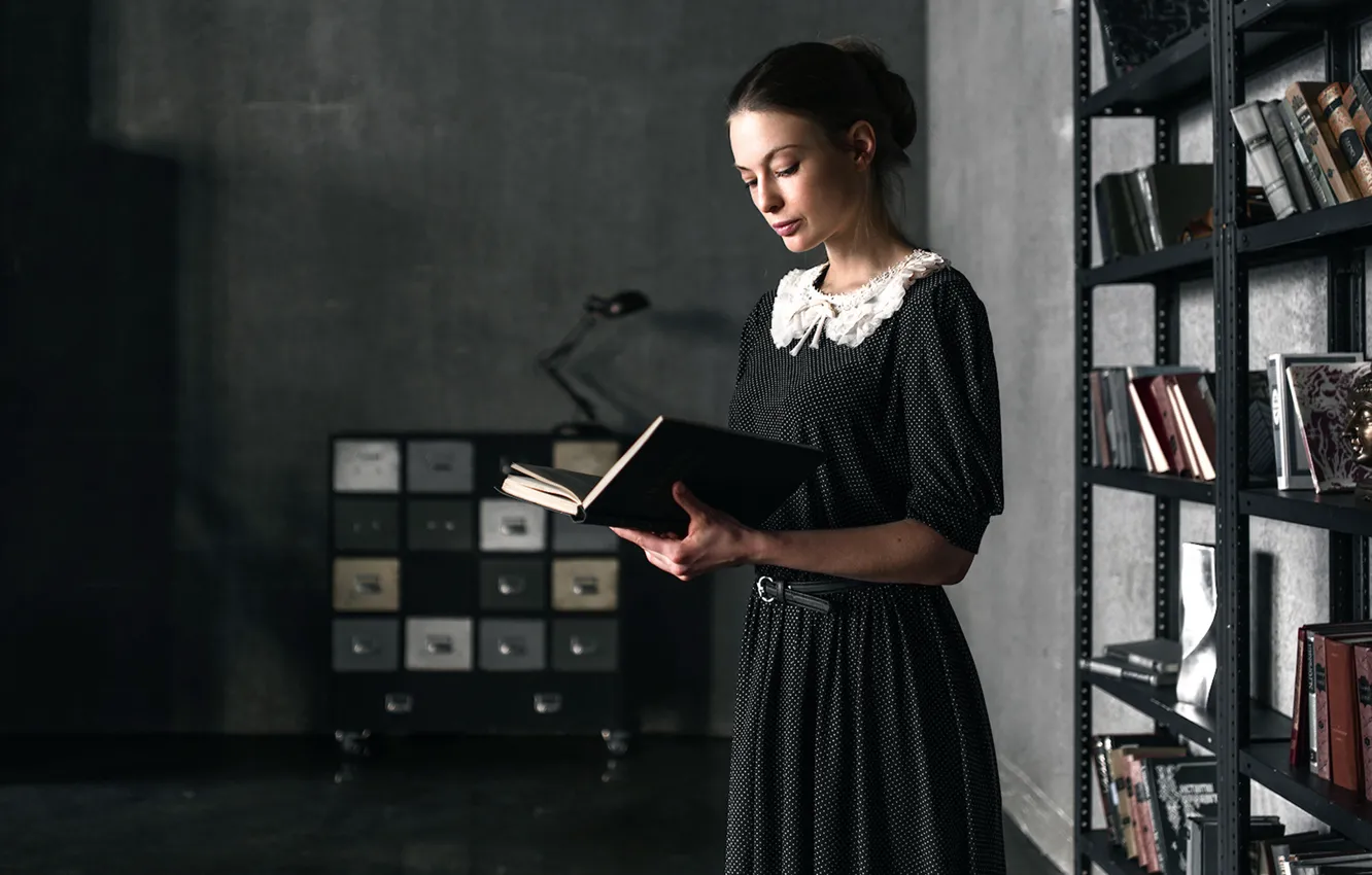 Photo wallpaper girl, retro, dress, book, vintage