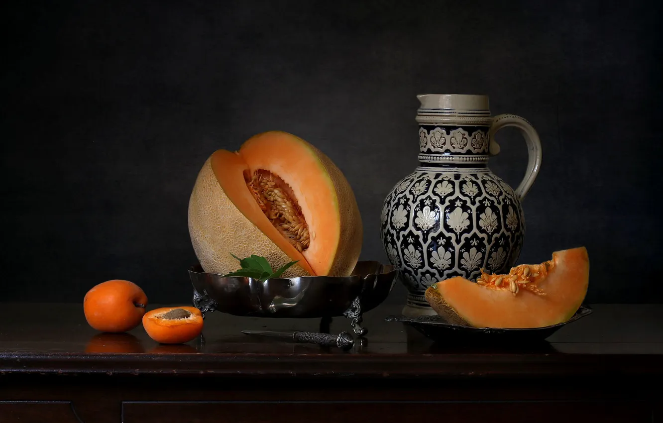 Photo wallpaper style, pitcher, still life, melon, apricots