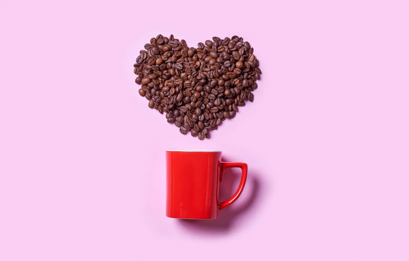 Photo wallpaper creative, background, mood, heart, coffee, shadow, Cup, red