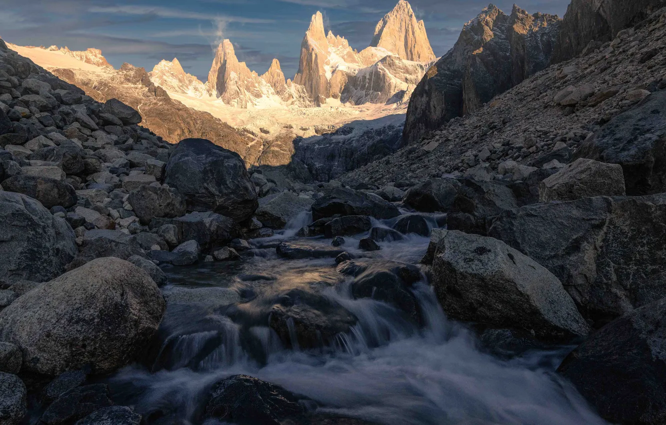 Photo wallpaper mountains, stones, rocks, tops, waterfall, stream, Andes