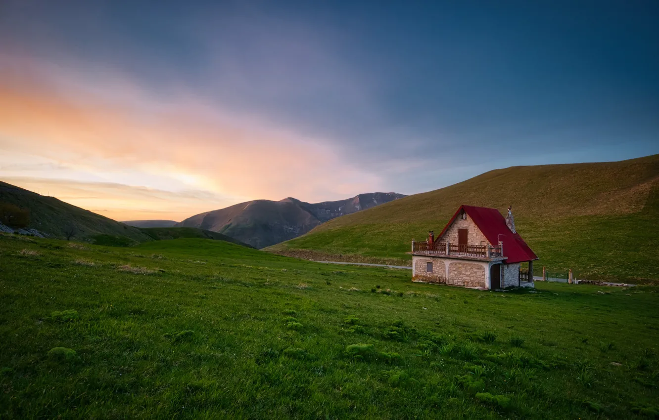 Photo wallpaper field, the sky, mountains, house, hills, the slopes, meadow, house