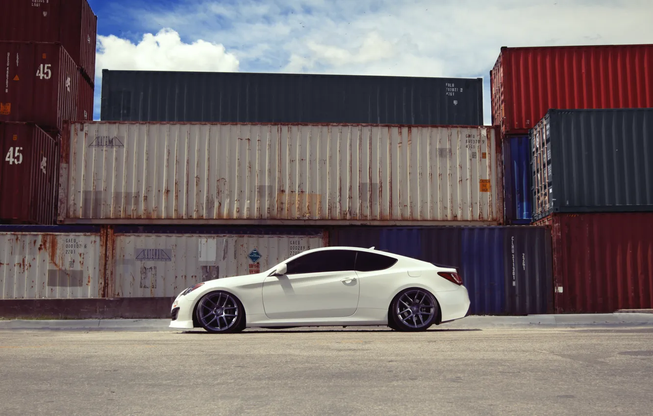 Photo wallpaper white, coupe, profile, white, containers, hyundai, Hyundai, genesis