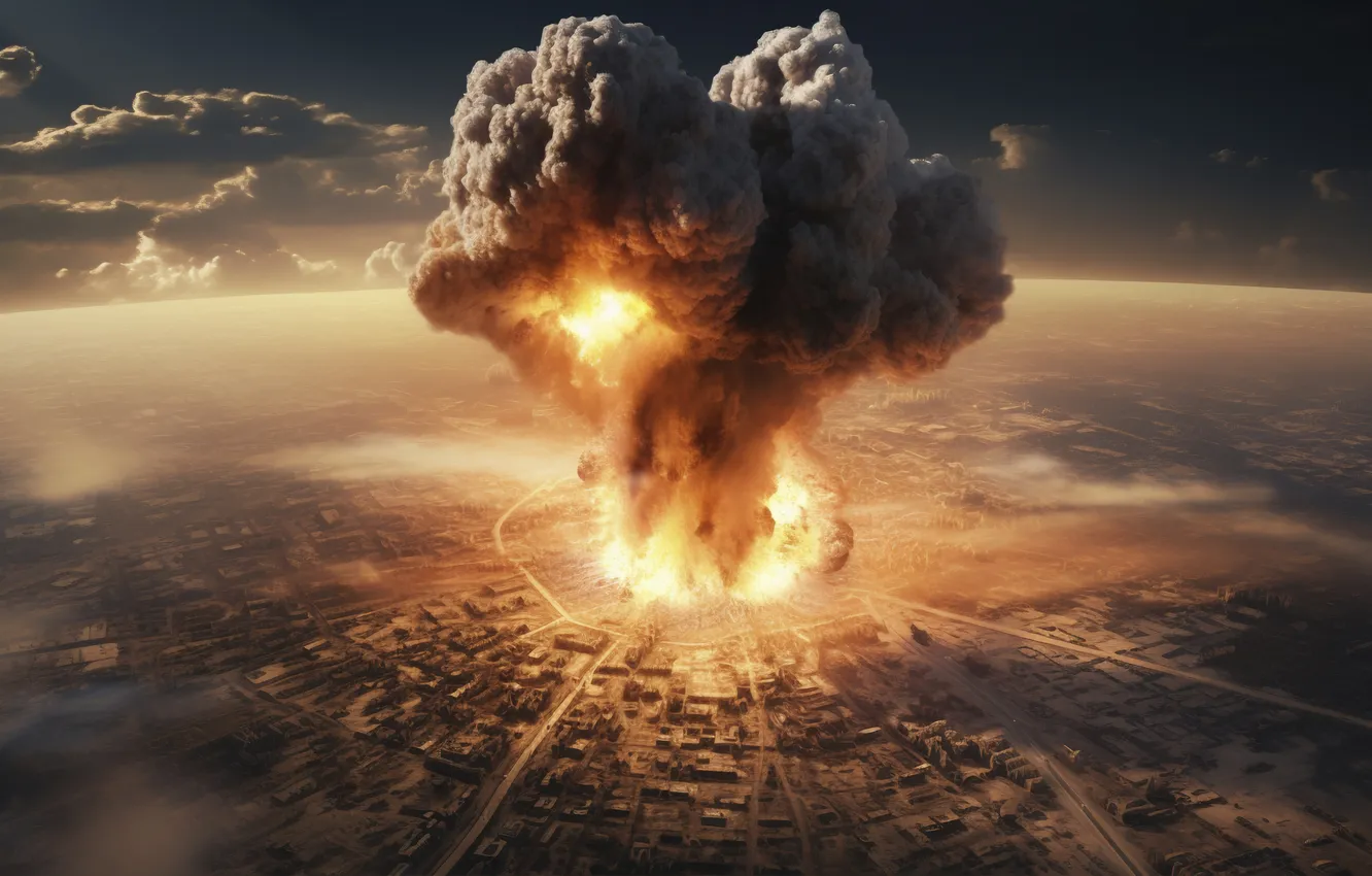 Photo wallpaper Clouds, Home, The city, Fire, Mushroom, The explosion, Digital art, A nuclear explosion