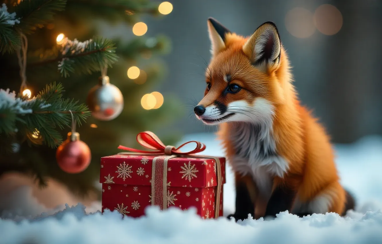 Photo wallpaper winter, look, balls, snow, branches, gift, new year, Christmas