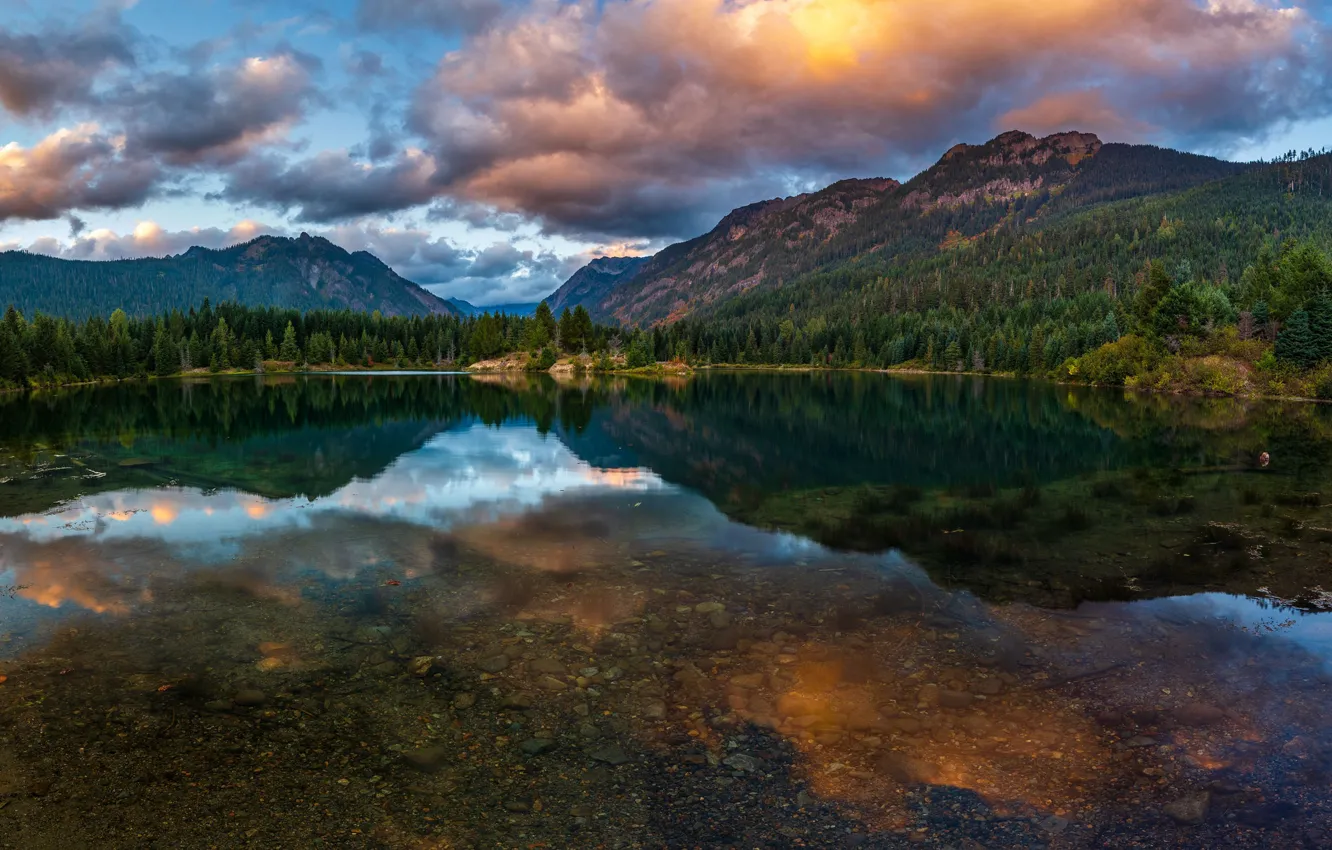 Photo wallpaper forest, summer, the sky, clouds, mountains, reflection, stones, shore