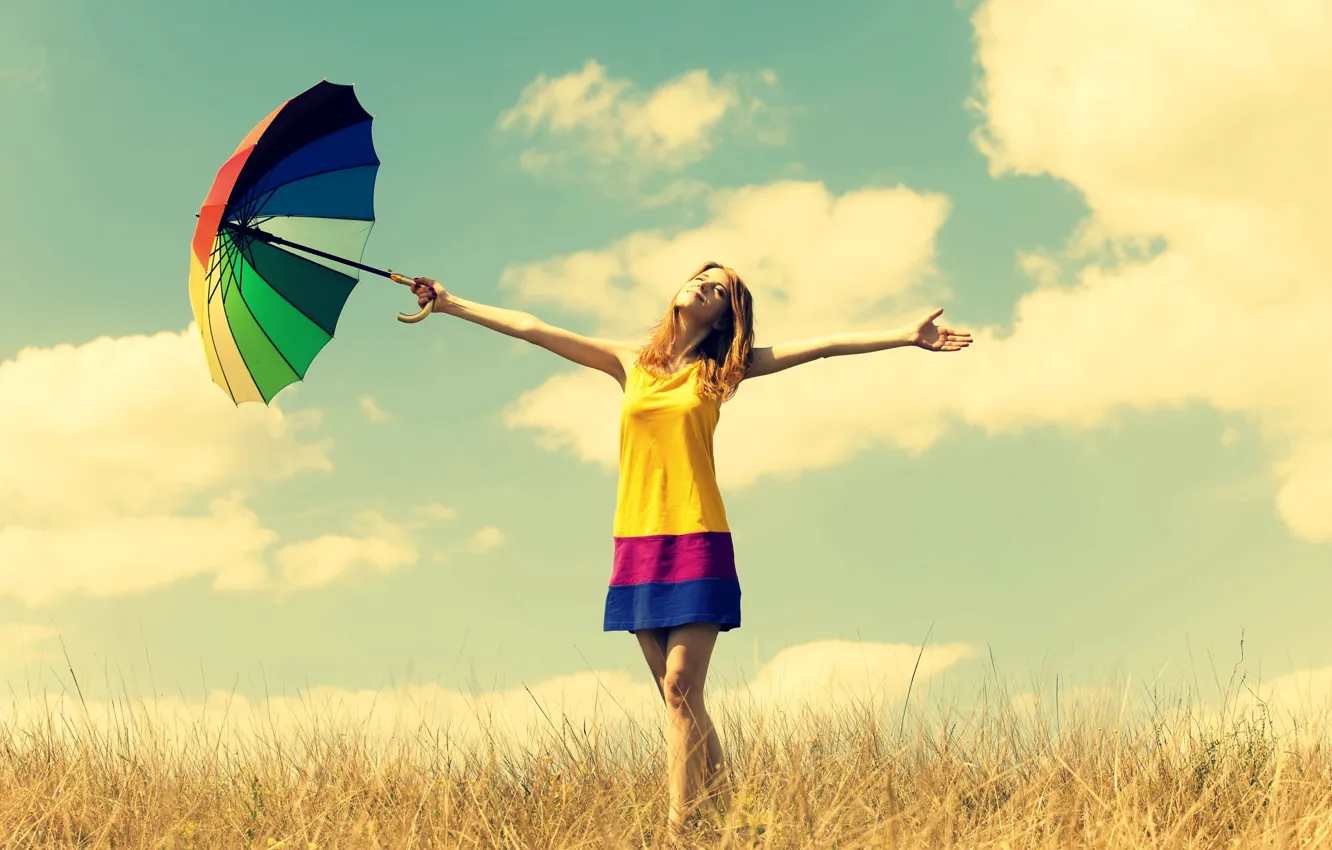 Photo wallpaper field, summer, the sky, freedom, girl, the sun, clouds, happiness