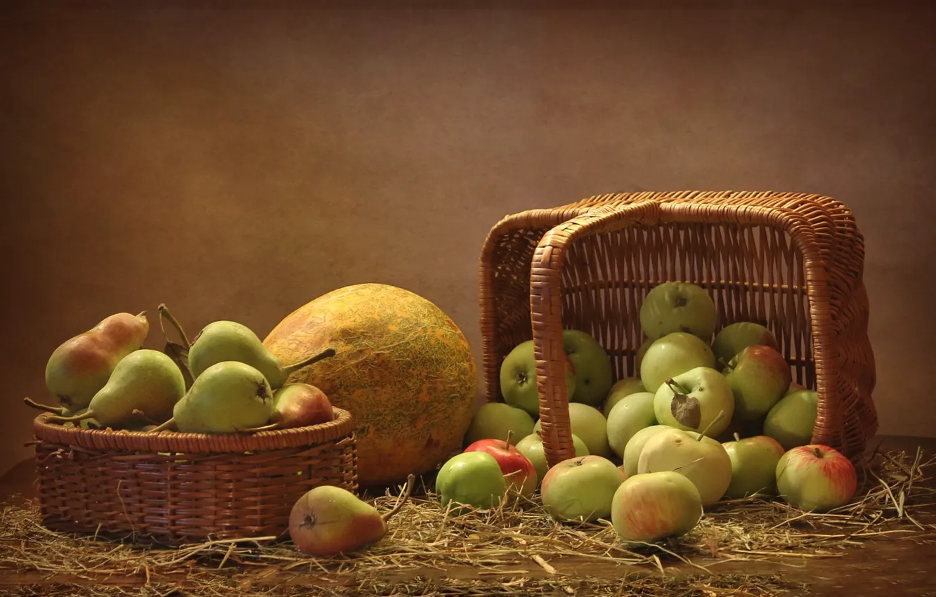 Photo wallpaper basket, apples, fruit, pear, still life