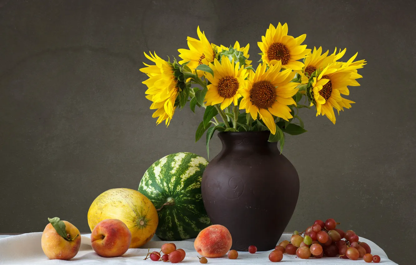 Photo wallpaper sunflowers, watermelon, grapes, peaches, melon