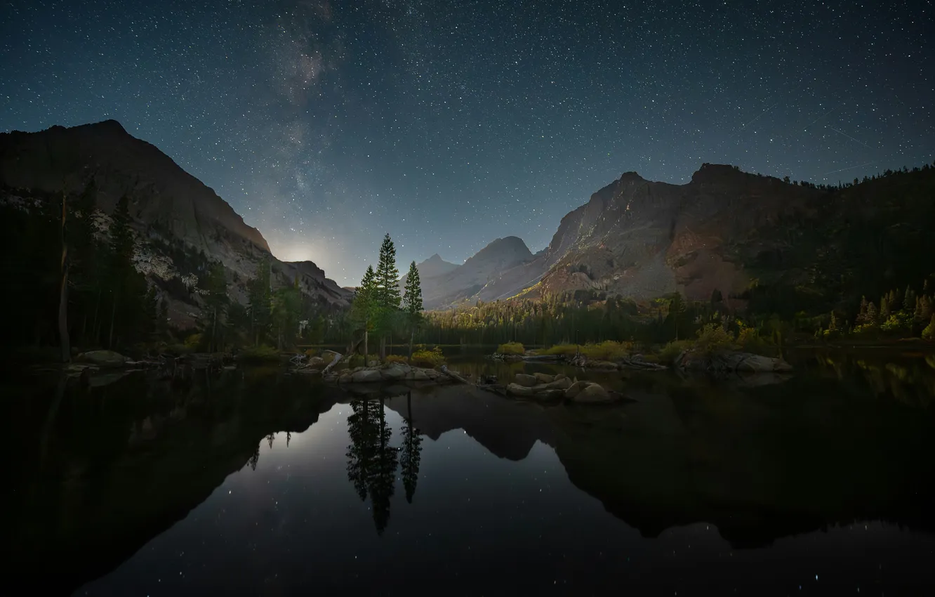 Photo wallpaper landscape, mountains, night, nature, lake